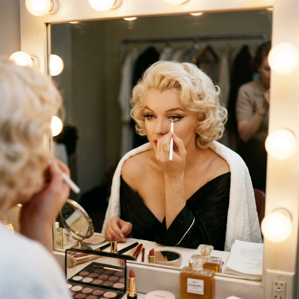 Performer applying eyeliner at a backstage vanity mirror