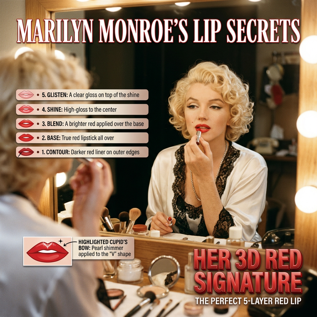 Marilyn Monroe’s Lip Secrets; 5. Glisten: A clear gloss on top of the shine; 4. Shine: High-gloss to the center; 3. Blend: A brighter red applied over the base; 2. Base: True red lipstick all over; 1. Contour: Darker red liner on outer edges; Highlighted Cupid’s Bow: Pearl shimmer applied to the “V” shape; Her 3D Red Signature; The Perfect 5-Layer Red Lip