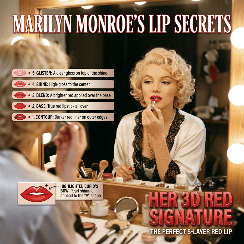 Marilyn Monroe’s Lip Secrets; 5. Glisten: A clear gloss on top of the shine; 4. Shine: High-gloss to the center; 3. Blend: A brighter red applied over the base; 2. Base: True red lipstick all over; 1. Contour: Darker red liner on outer edges; Highlighted Cupid’s Bow: Pearl shimmer applied to the “V” shape; Her 3D Red Signature; The Perfect 5-Layer Red Lip
