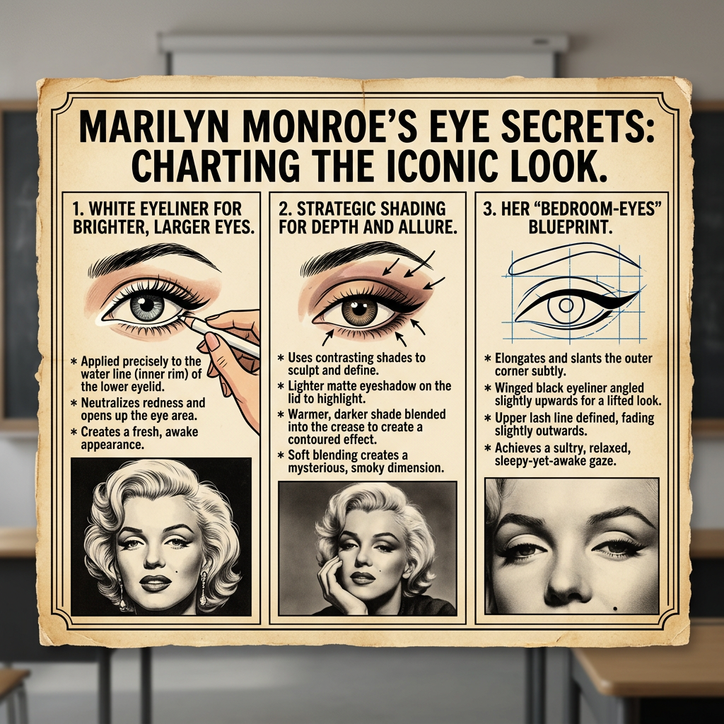 Infographic titled "MARILYN MONROE’S EYE SECRETS: CHARTING THE ICONIC LOOK." Three panels explain white eyeliner for brighter, larger eyes; strategic shading for depth and allure; and her "bedroom-eyes" blueprint, with Marilyn Monroe portraits and eye diagrams.